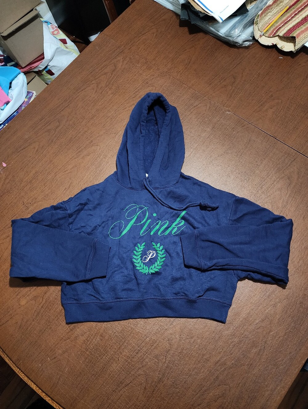 PINK Victoria's Secret Navy Blue Hoodie with Green Embroidery